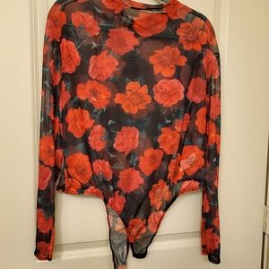 Plus Floral Mesh High Neck Bodysuit